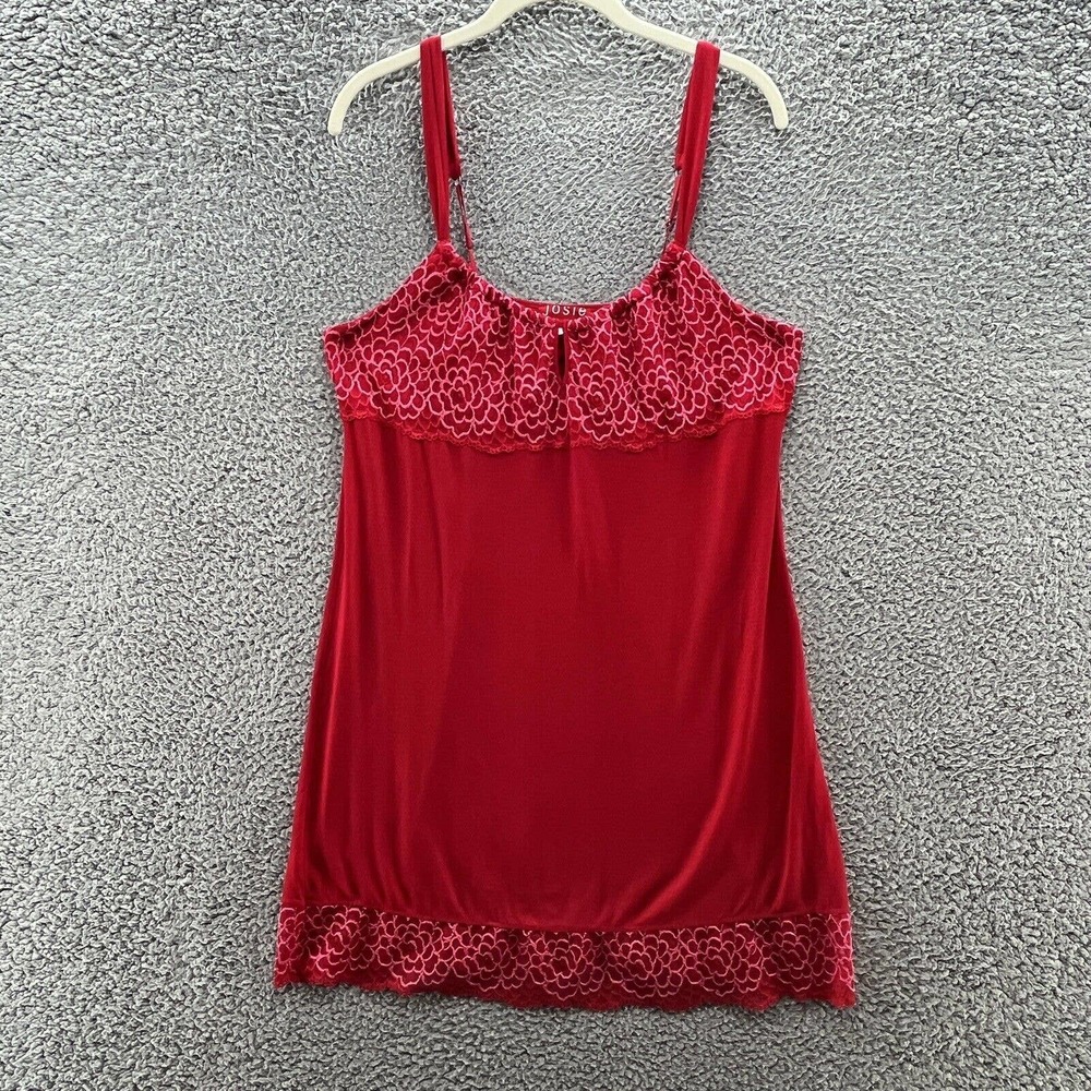 Josie Natori Chemise Women Large Red Lace Trim Nightie Short Gown Slip